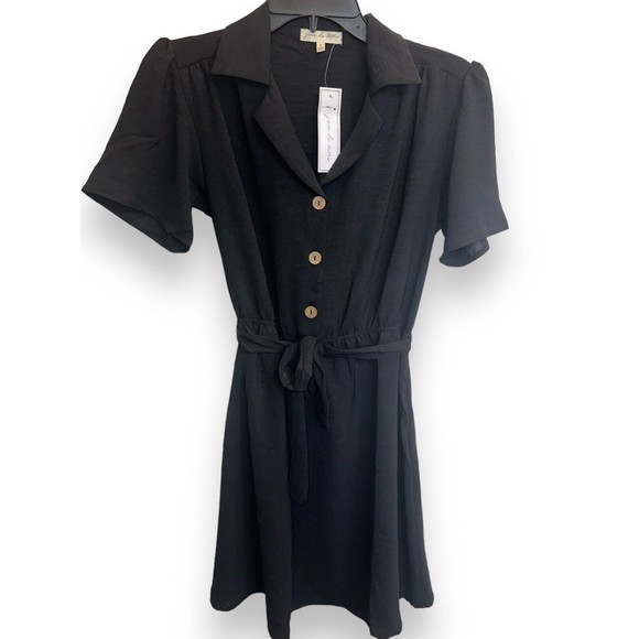 Womens Short Sleeve Button Dress Small Belted Black Pinup Goth Dark Academia - Picture 8 of 16
